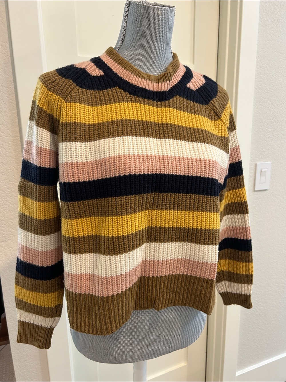 Madewell Striped Crewneck Sweater in Mustard, Pink, Navy & Cream